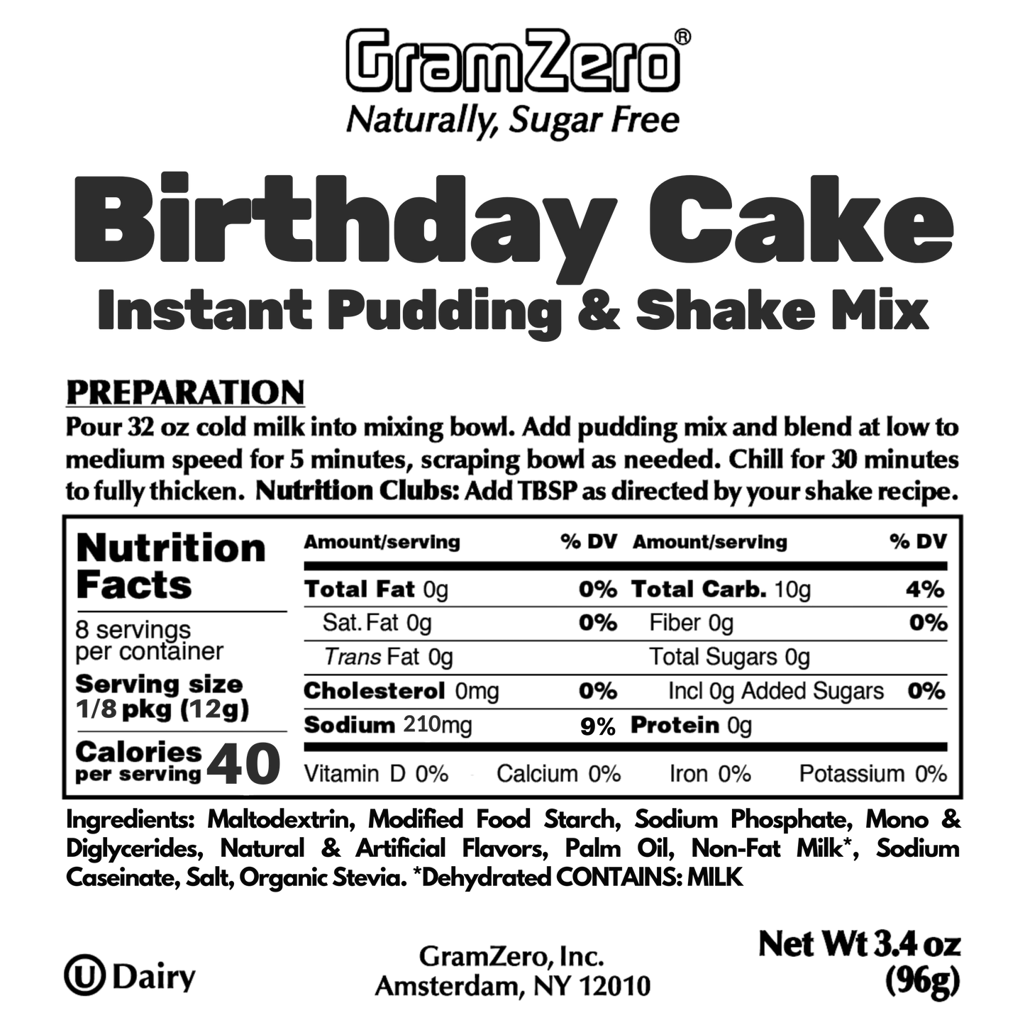 Birthday Cake Gramzero Sugar Free Pudding Mix Without Aspartame Ingredients and Nutrition