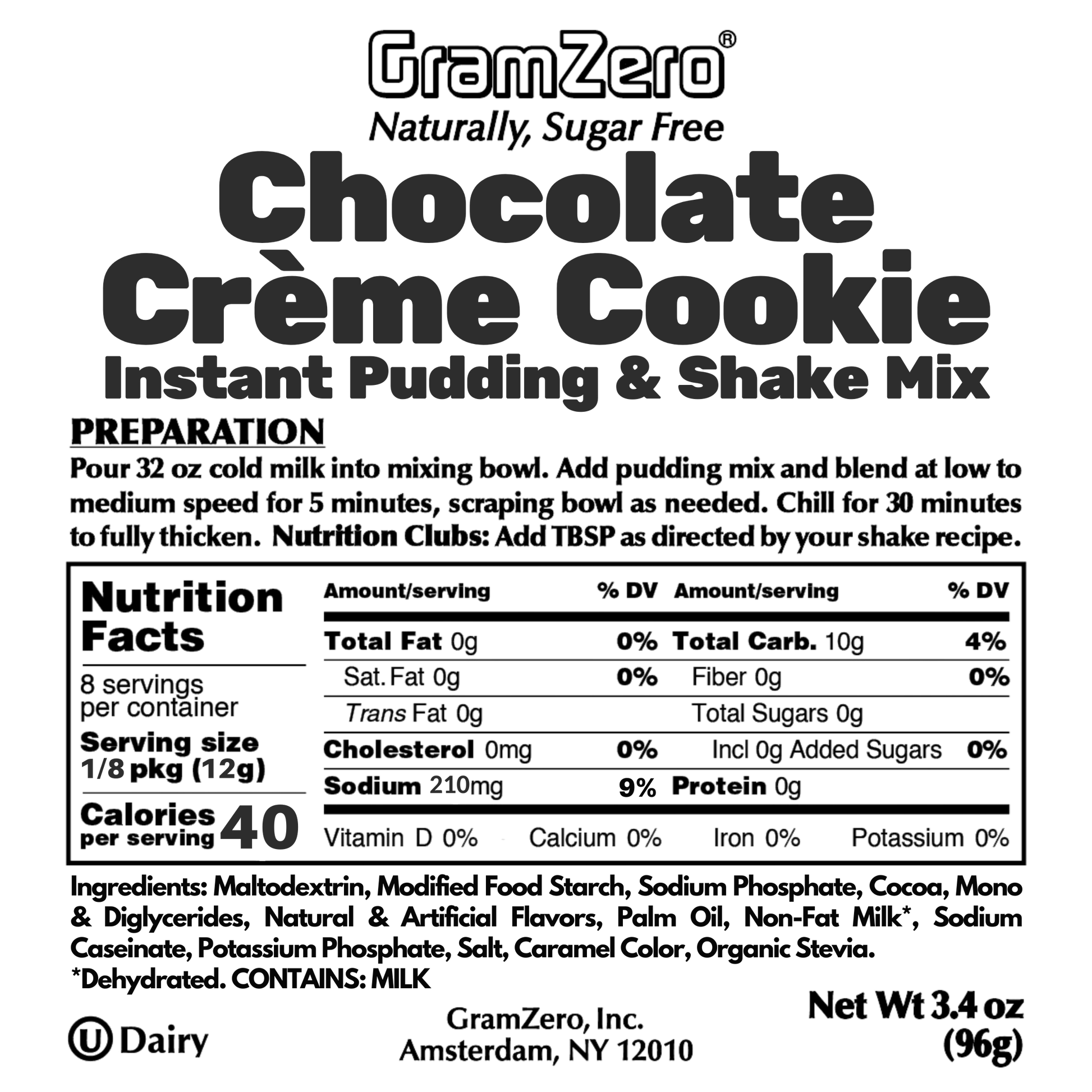 Chocolate Creme Cookie Gramzero Sugar Free Pudding Mix Without Aspartame Ingredients and Nutrition