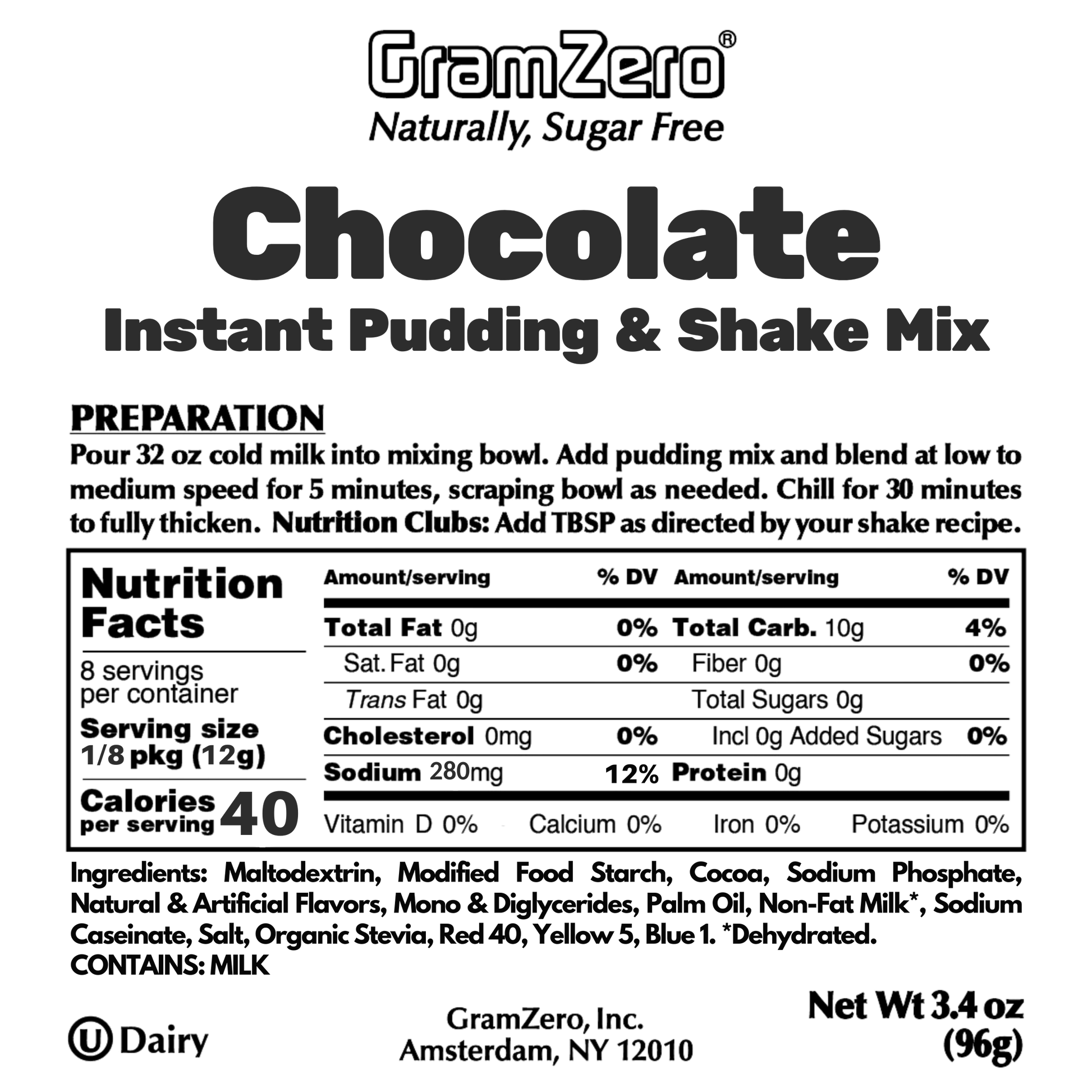 Chocolate Gramzero Sugar Free Pudding Mix Without Aspartame Ingredients and Nutrition