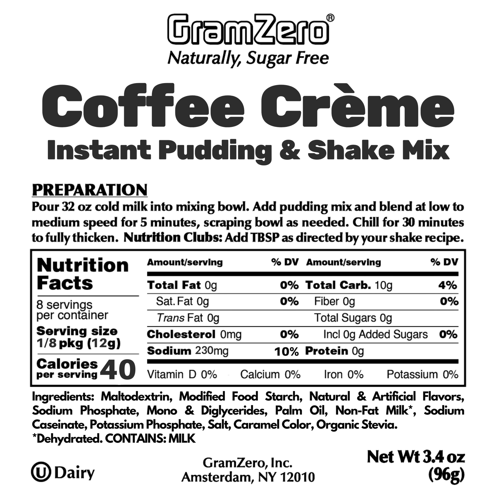 Coffee Creme Gramzero Sugar Free Pudding Mix Without Aspartame Ingredients and Nutrition