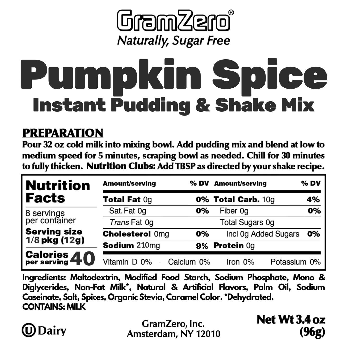 Pumpkin Spice Gramzero Sugar Free Pudding Mix Without Aspartame Ingredients and Nutrition