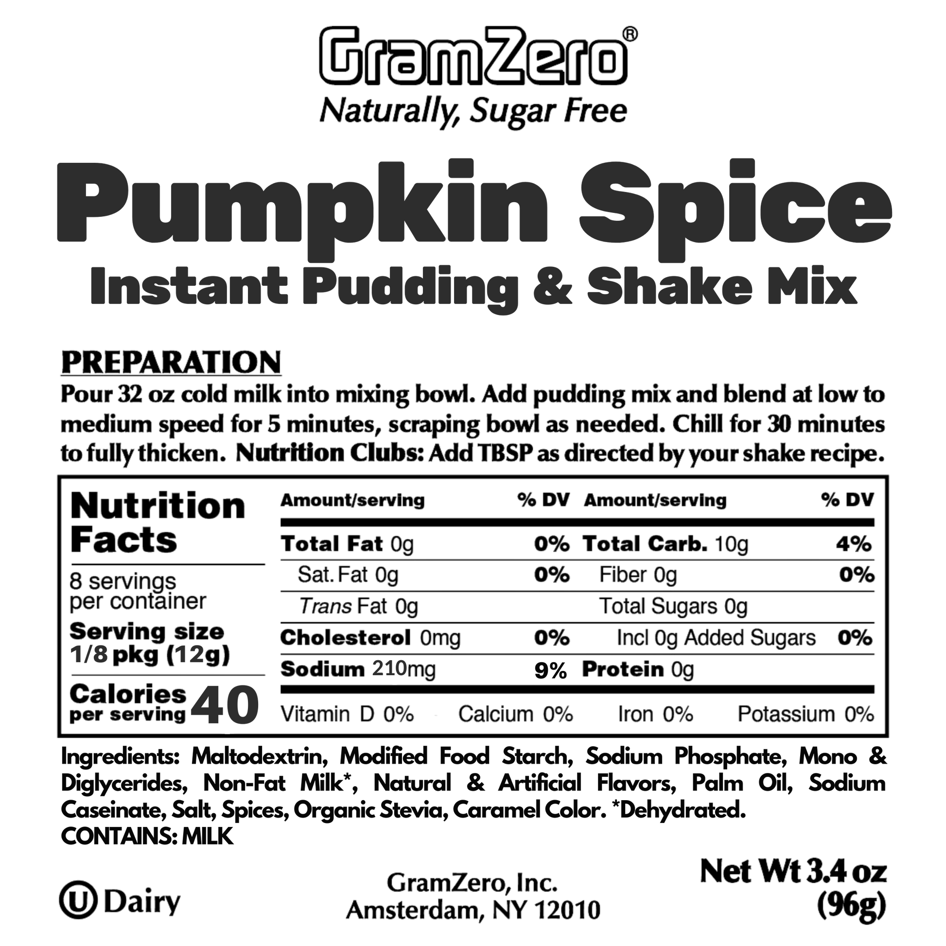 Pumpkin Spice Gramzero Sugar Free Pudding Mix Without Aspartame Ingredients and Nutrition
