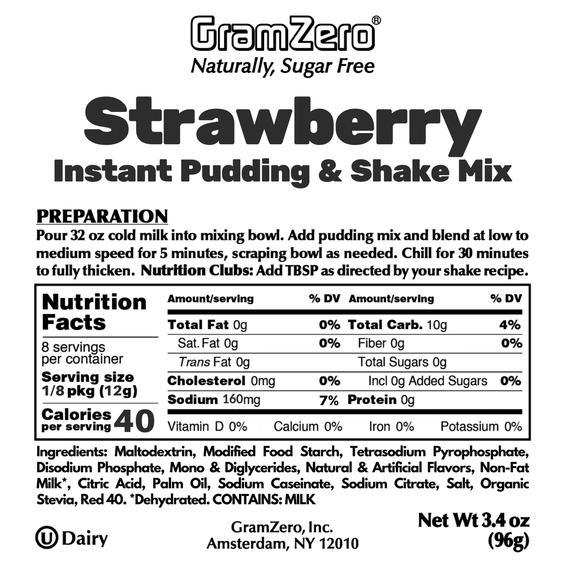 Strawberry Gramzero Sugar Free Pudding Mix Without Aspartame Ingredients and Nutrition