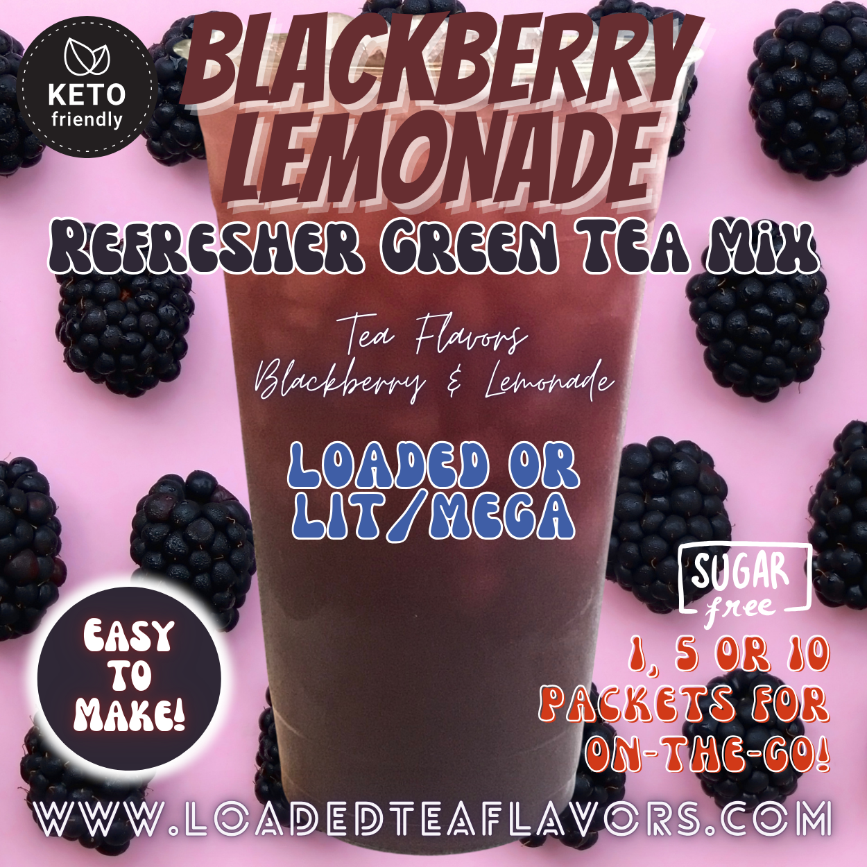 Blackberry Lemonade Refresher Green Tea Keto Friendly Beverage Powder Packets Zero Carb Drink Mix 0 Calories Sugar Free