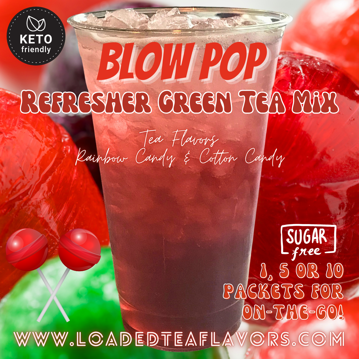 Blow Pop Refresher Green Tea Keto Friendly Beverage Powder Packets Zero Carb Drink Mix 0 Calories Sugar Free