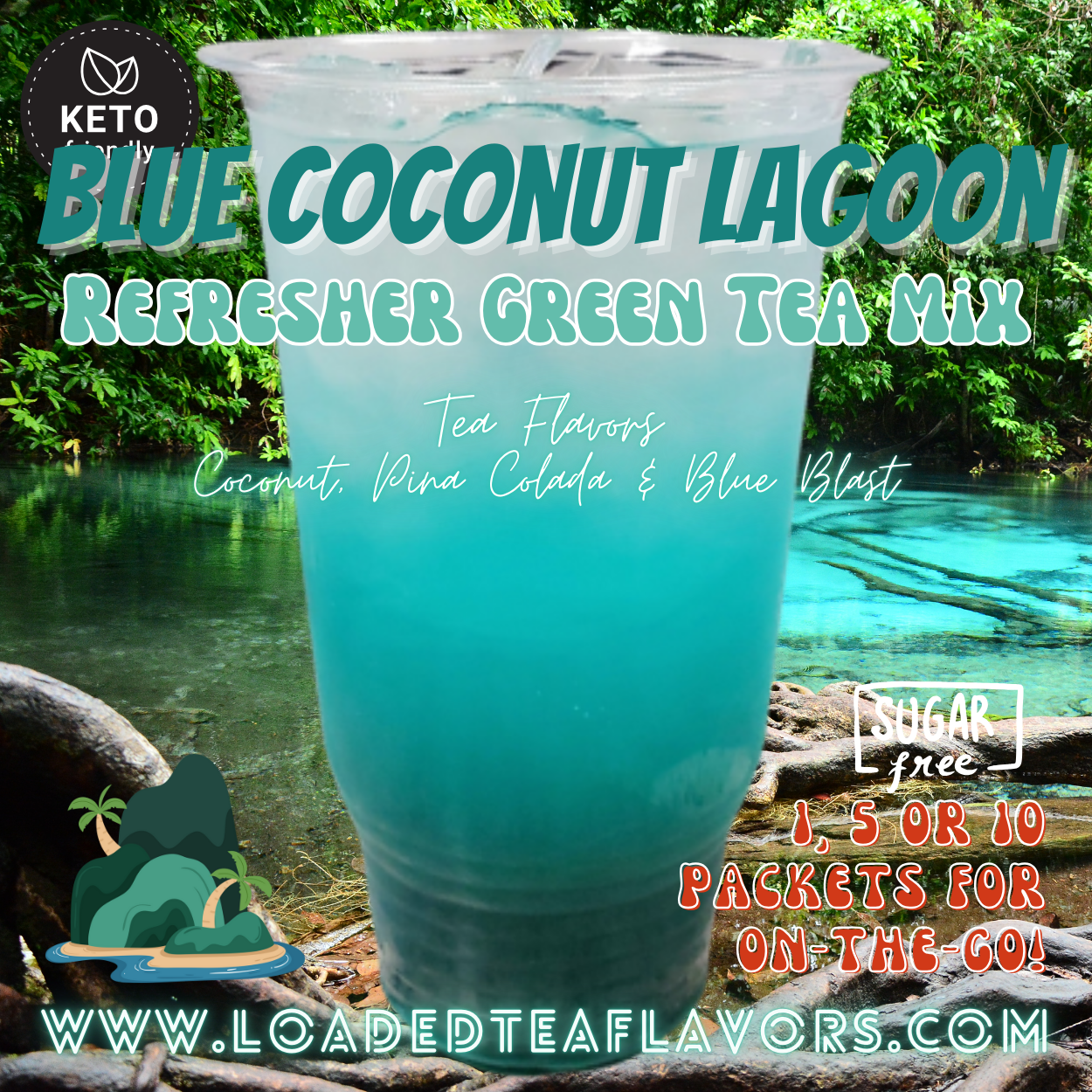 Blue Coconut Lagoon Refresher Green Tea Keto Friendly Beverage Powder Packets Zero Carb Drink Mix 0 Calories Sugar Free