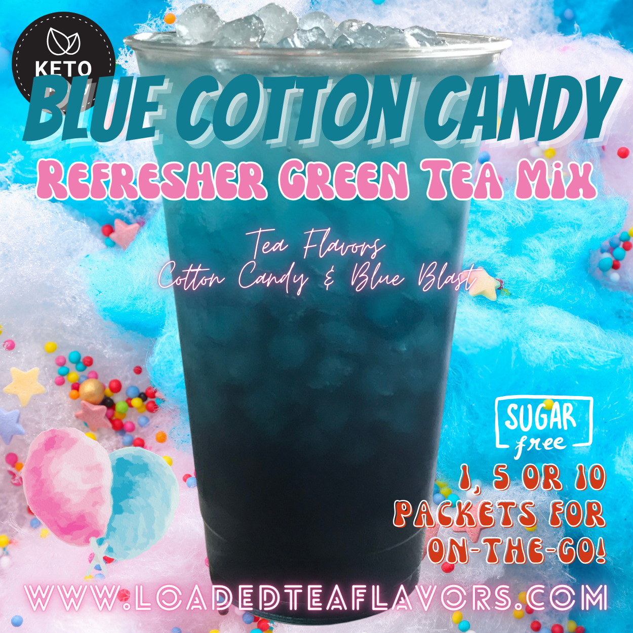 Blue Cotton Candy Refresher Green Tea Keto Friendly Beverage Powder Packets Zero Carb Drink Mix 0 Calories Sugar Free