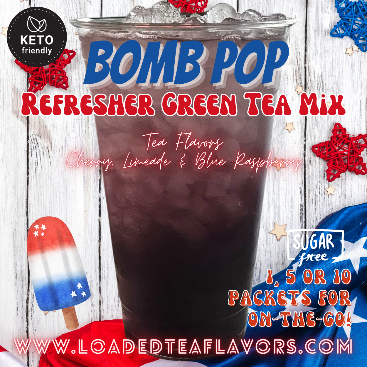 Bomb Pop Refresher Green Tea Keto Friendly Beverage Powder Packets Zero Carb Drink Mix 0 Calories Sugar Free