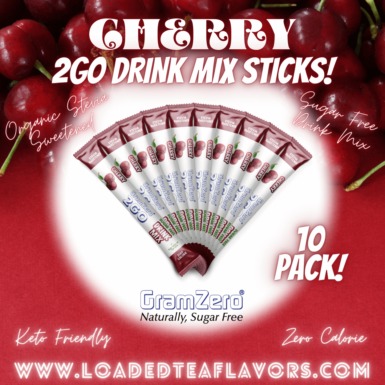 Cherry Sugar Free Healthy Flavored Water Packets Without Aspartame Gramzero Stevia Drink Mix 2GO Sticks