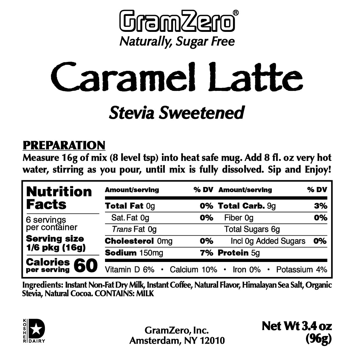 Caramel Latte Gramzero Flavored Instant Coffee Powdered Cappuccino Mix Kosher Dairy Nutrition Ingredients