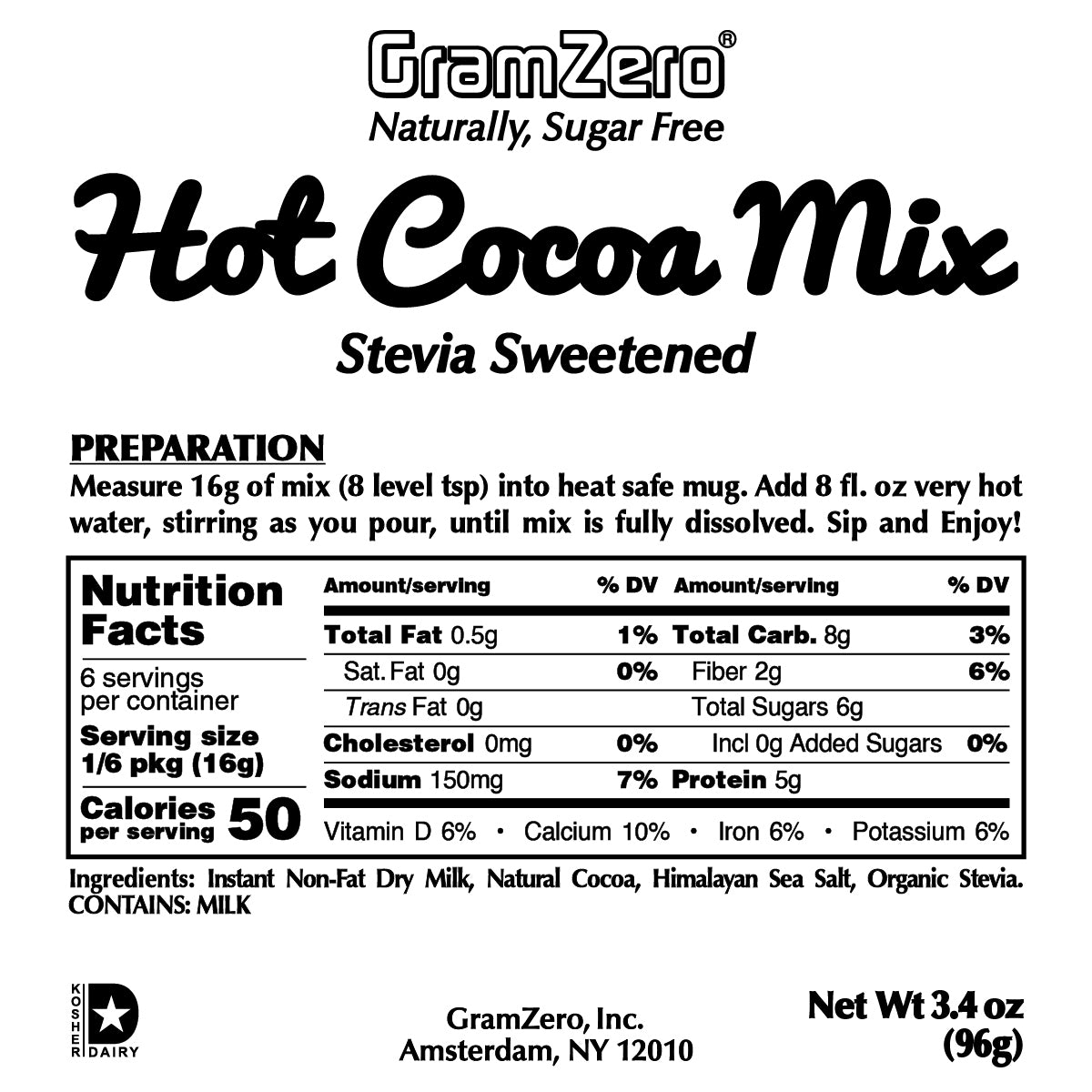 Gramzero Stevia Hot Cocoa Drink Mix Kosher Dairy Nutrition Ingredients