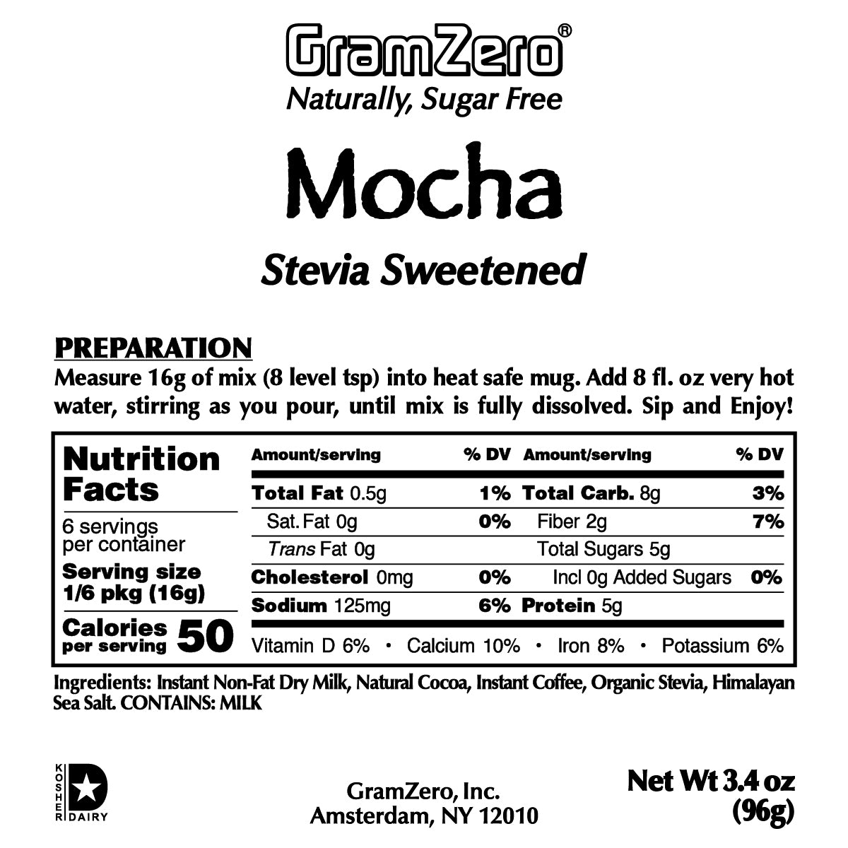 Mocha Mix Gramzero Flavored Instant Coffee Powdered Cappuccino Mix Kosher Dairy Nutrition Ingredients