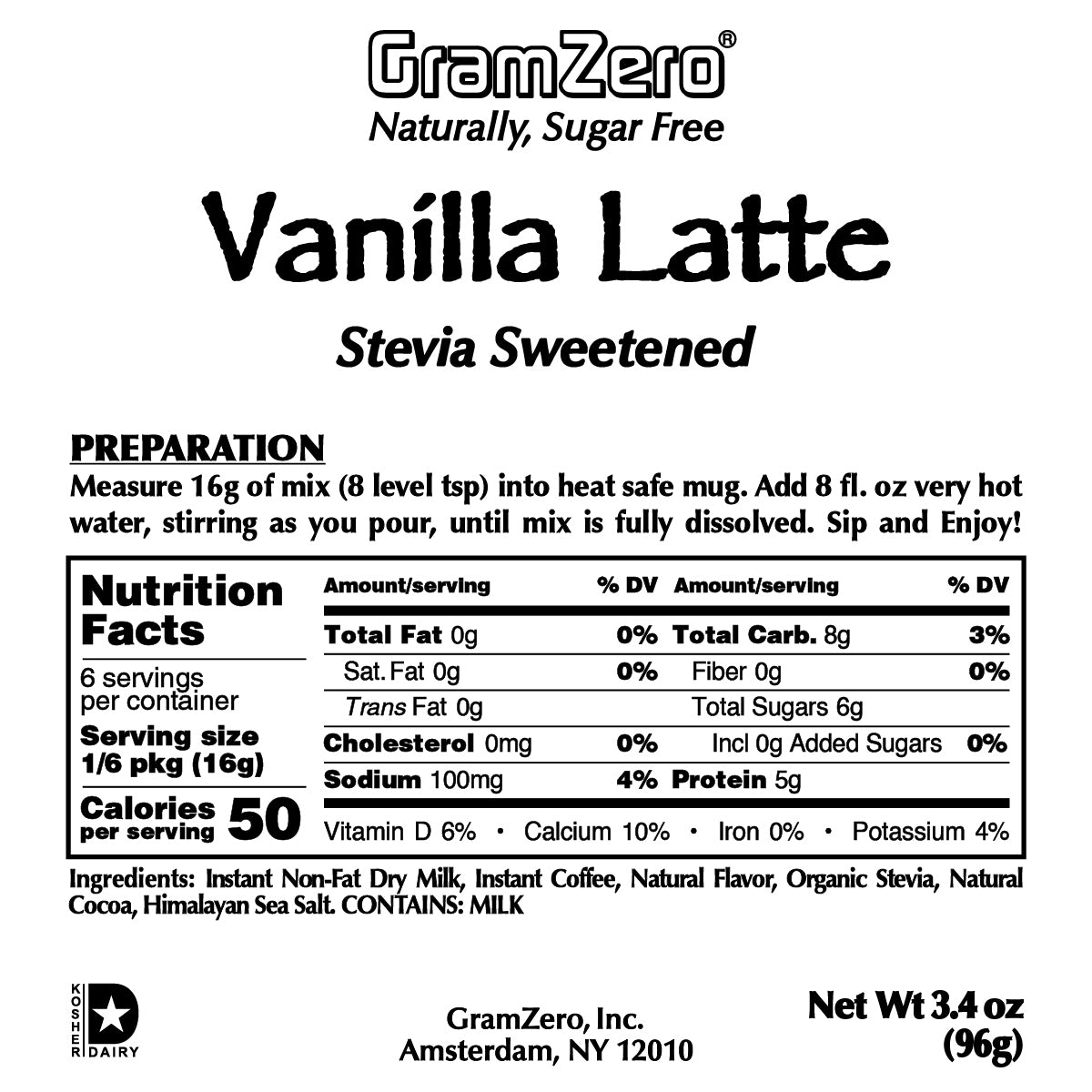 Vanilla Latte Powder Gramzero Flavored Instant Coffee Powdered Cappuccino Mix Kosher Dairy Nutrition Ingredients