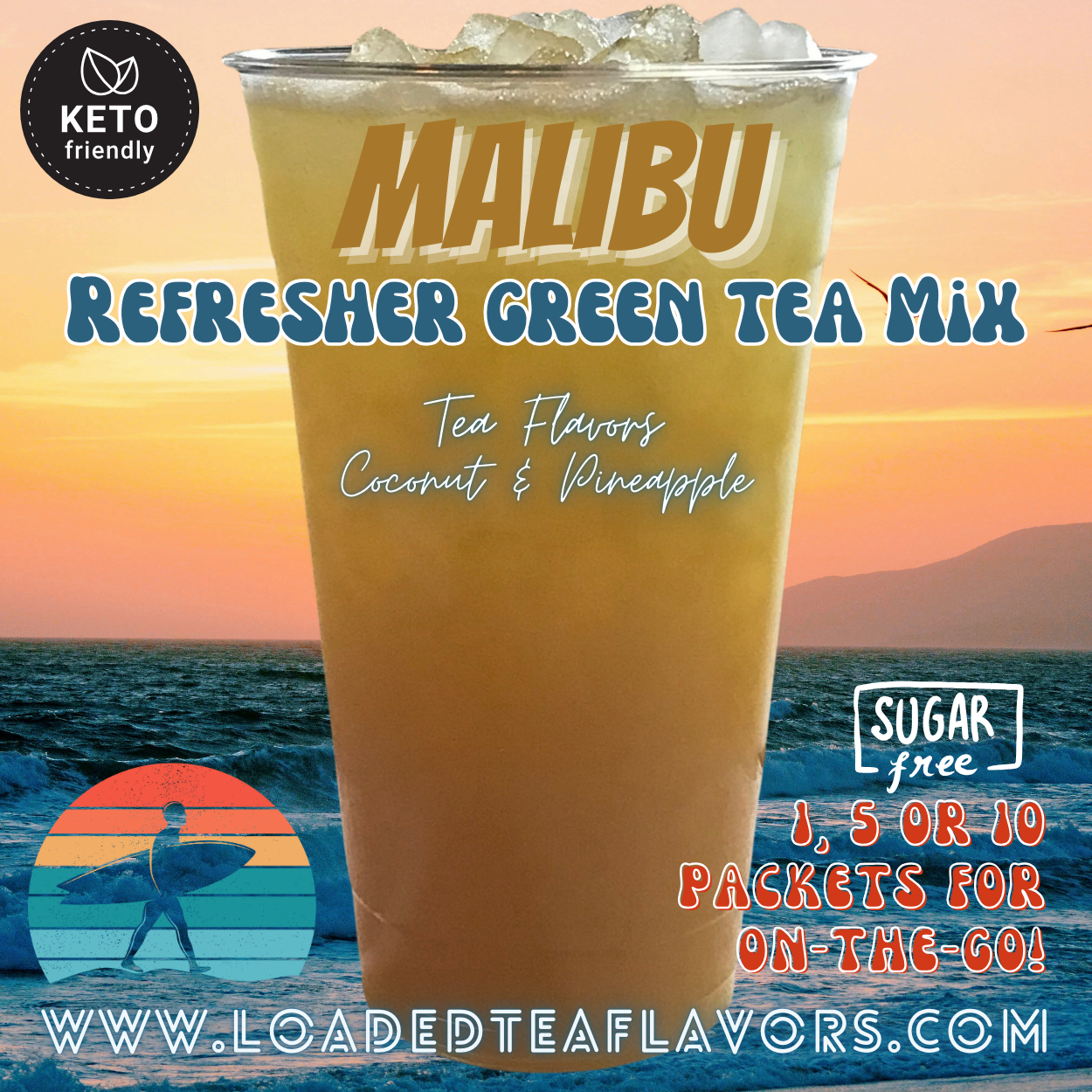 Malibu Refresher Green Tea Keto Friendly Beverage Powder Packets Zero Carb Drink Mix 0 Calories Sugar Free