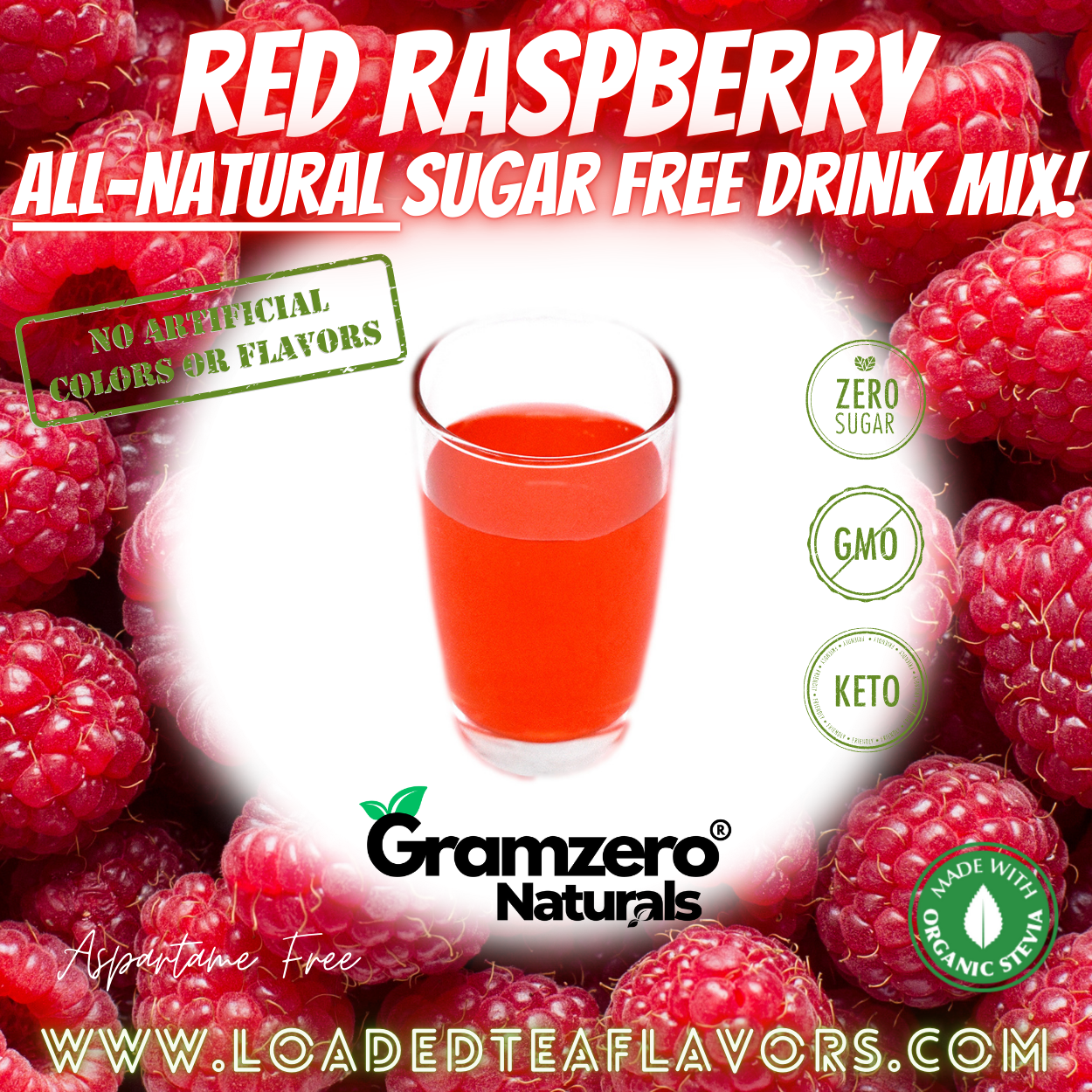 Red Raspberry All-Natural Sugar Free Drink Mix Non-GMO Beverage Mix Loaded Tea Flavoring Aspartame Free Keto Friendly GramZero
