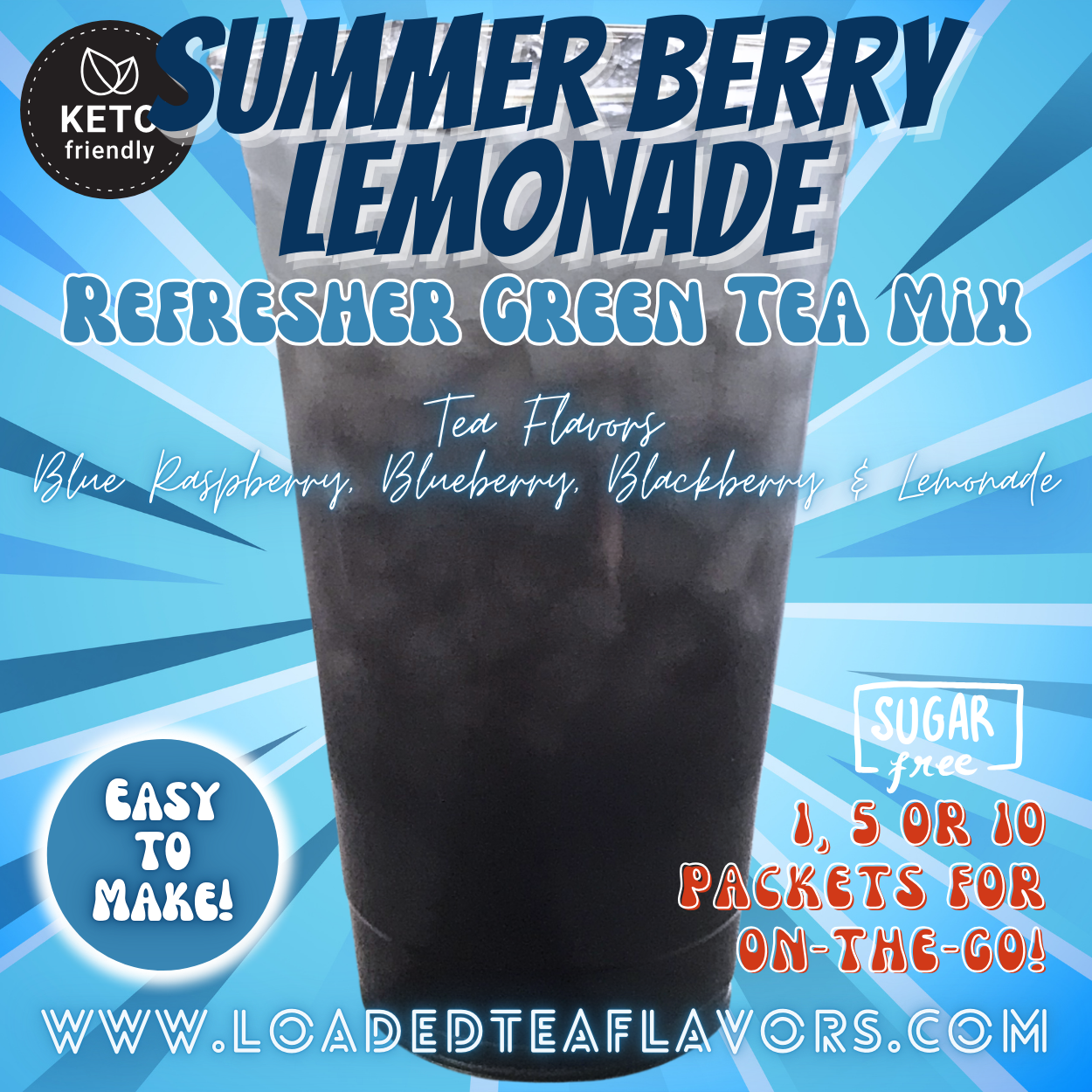 Summer Berry Lemonade Refresher Green Tea Keto Friendly Beverage Powder Packets Zero Carb Drink Mix 0 Calories Sugar Free