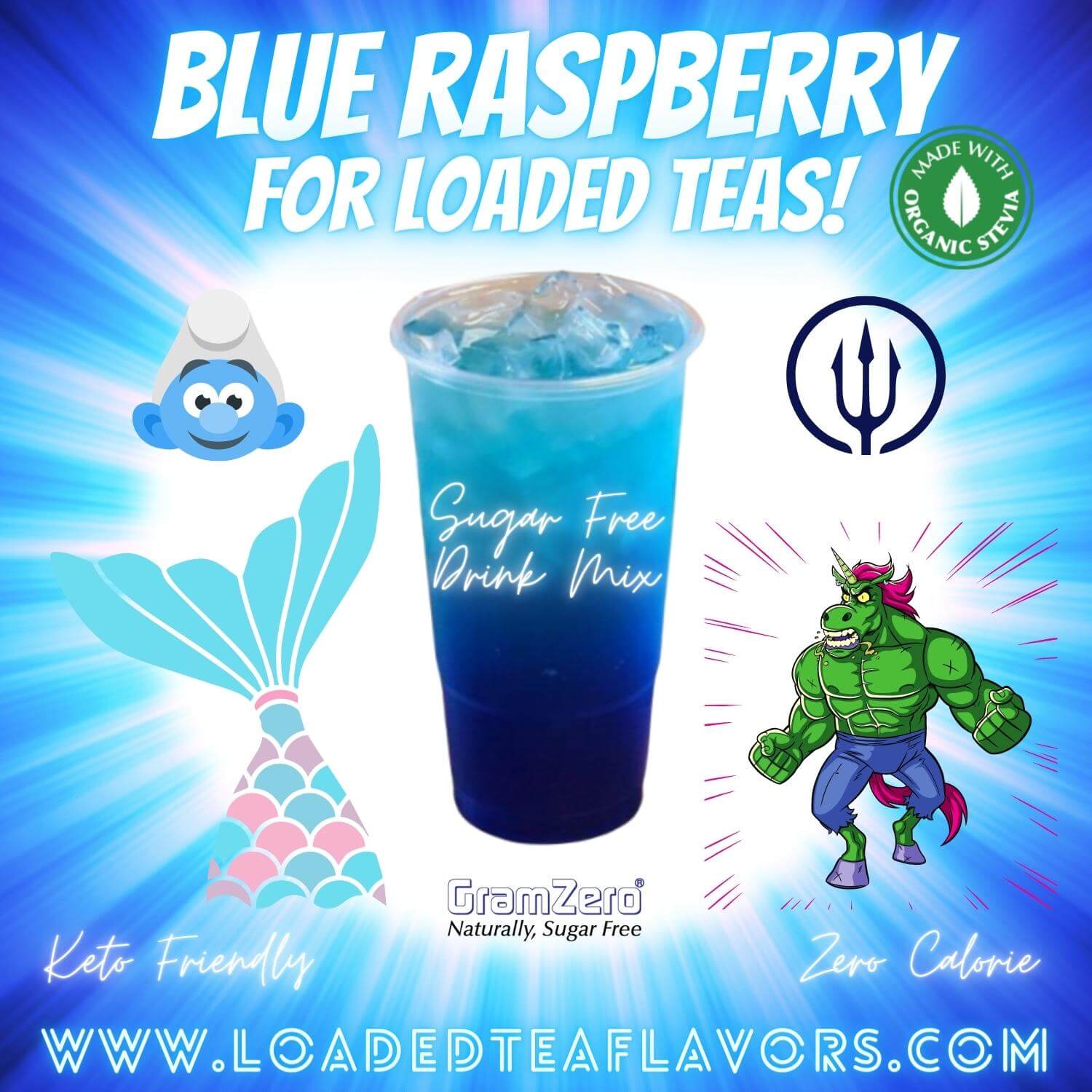 Blue Raspberry Loaded Tea Flavoring Sugar Free Drink Mix Without Aspartame or Artificial Sweeteners GramZero Beverage Mixes