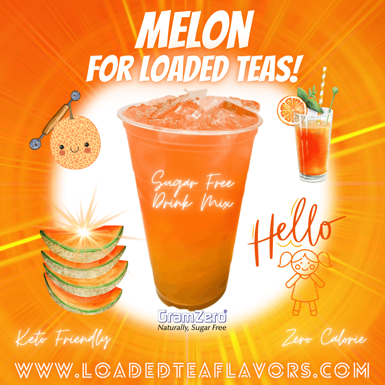 Melon Loaded Tea Flavoring Sugar Free Drink Mix Without Aspartame or Artificial Sweeteners GramZero Beverage Mixes