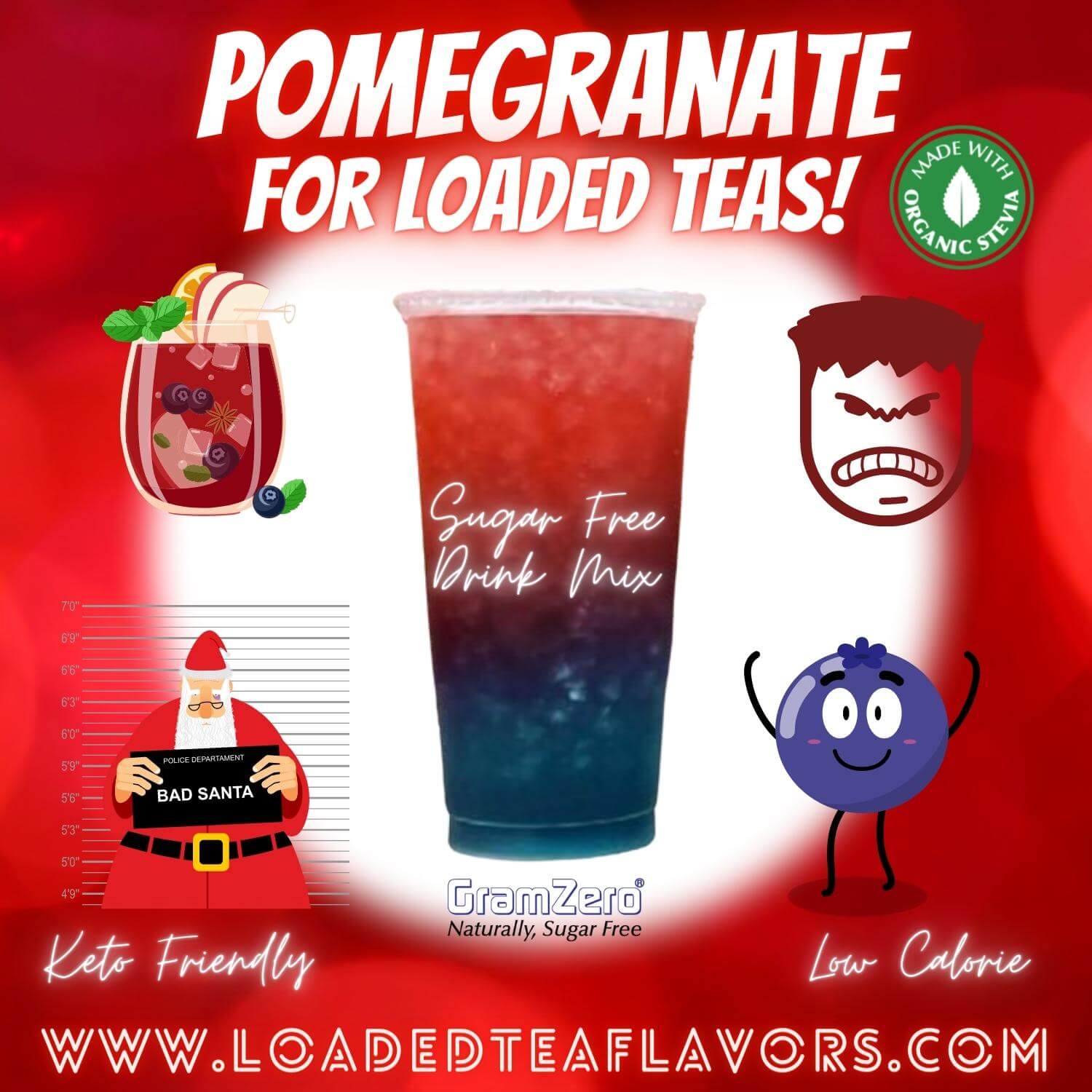 Pomegranate Loaded Tea Flavoring Sugar Free Drink Mix Without Aspartame or Artificial Sweeteners GramZero Beverage Mixes