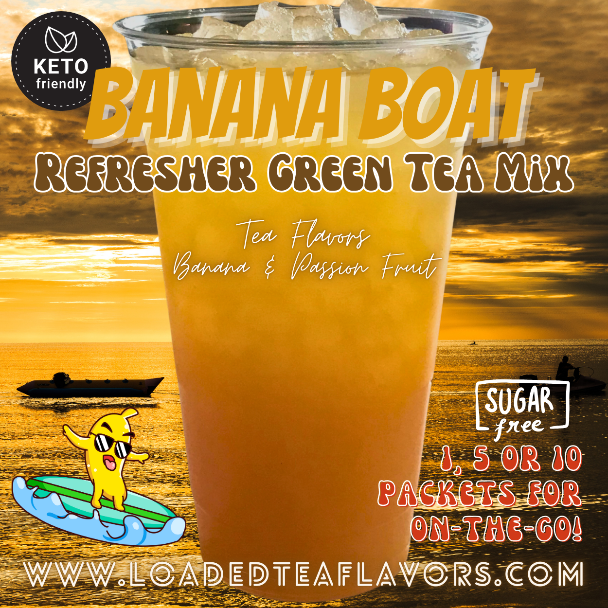 Banana Boat Refresher Green Tea Keto Friendly Beverage Powder Packets Zero Carb Drink Mix 0 Calories Sugar Free