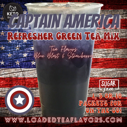 Captain America Refresher Green Tea Keto Friendly Beverage Powder Packets Zero Carb Drink Mix 0 Calories Sugar Free