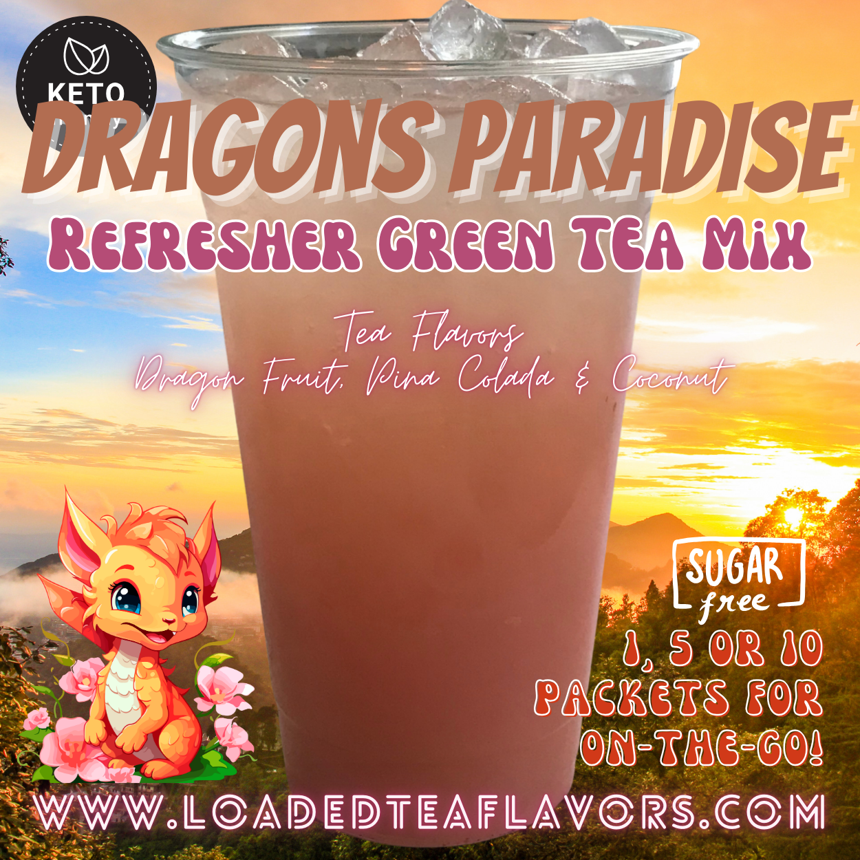 Dragons Paradise Refresher Green Tea Keto Friendly Beverage Powder Packets Zero Carb Drink Mix 0 Calories Sugar Free