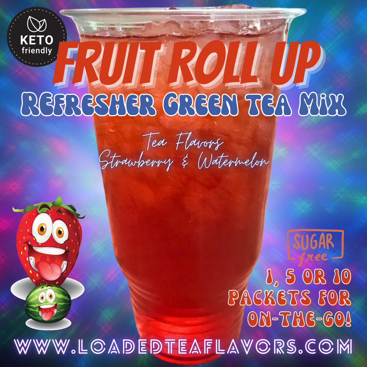 Fruit Roll Up Refresher Green Tea Keto Friendly Beverage Powder Packets Zero Carb Drink Mix 0 Calories Sugar Free