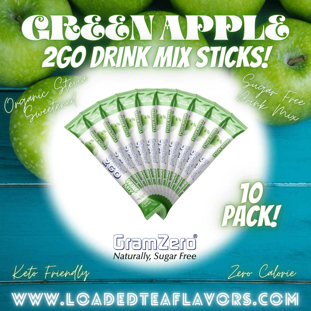 GREEN APPLE 2GO Sugar Free Drink Mix Sticks: 10 Pack 🍏 Flavor Loaded Teas
