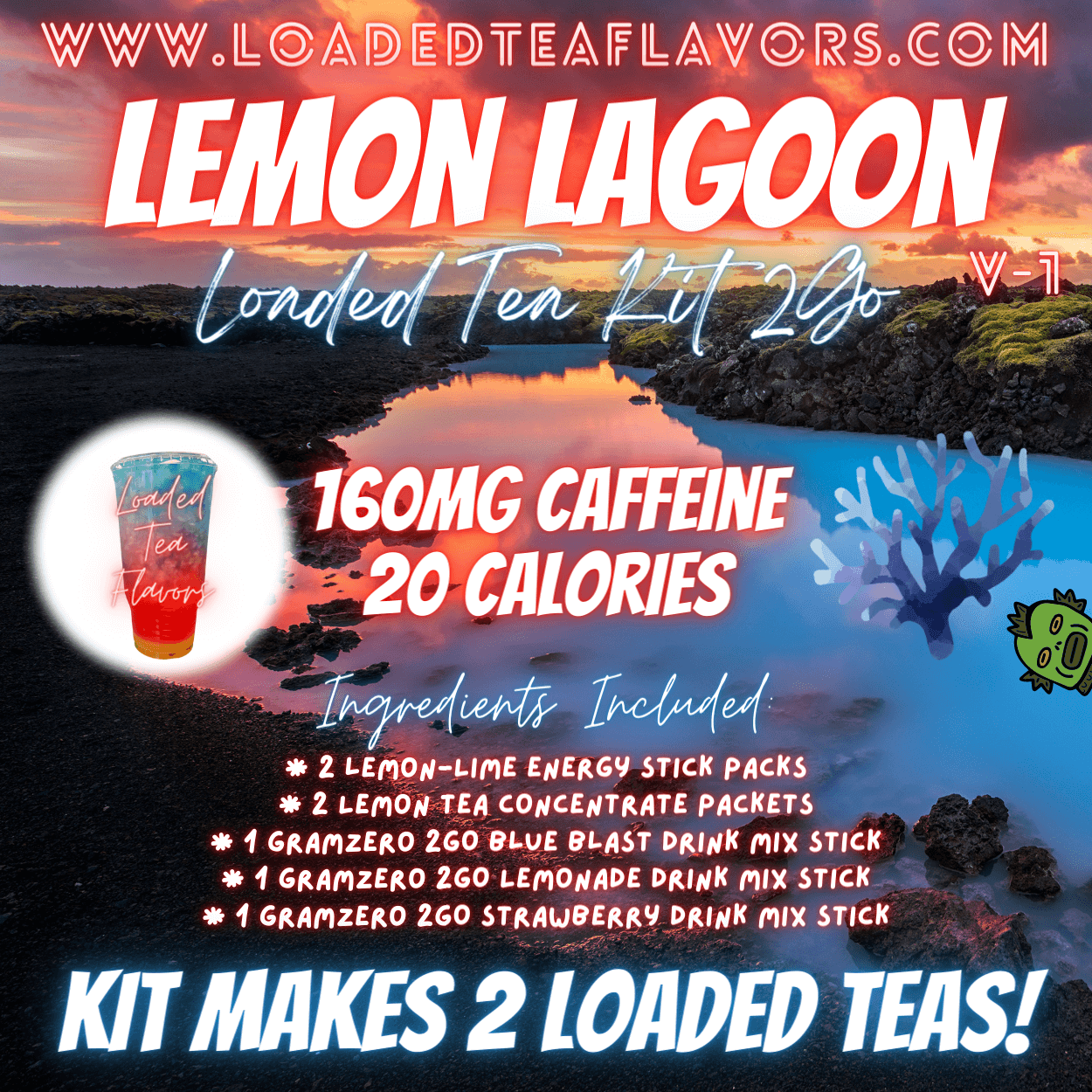 Lemon Lagoon Flavored 🍋🐊 Loaded Tea Kit 2GO ~ Makes 2-32oz Teas