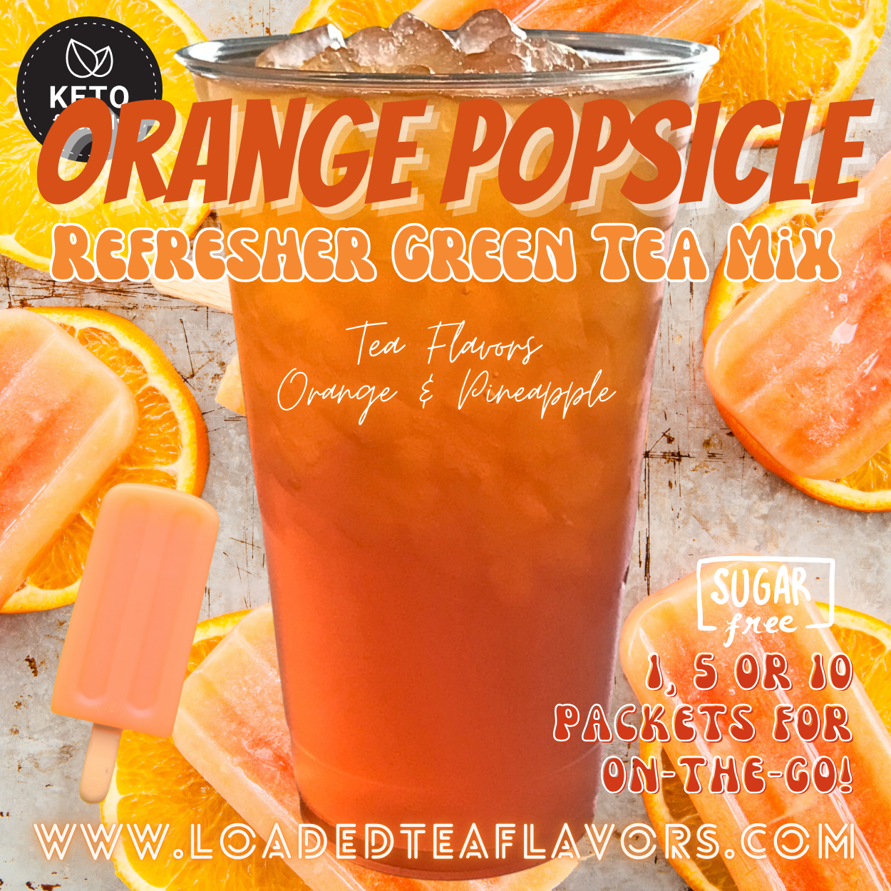 Orange Popsicle Refresher Green Tea Keto Friendly Beverage Powder Packets Zero Carb Drink Mix 0 Calories Sugar Free