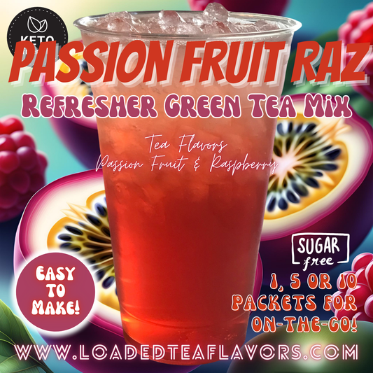 Passion Fruit Raz Refresher Green Tea Keto Friendly Beverage Powder Packets Zero Carb Drink Mix 0 Calories Sugar Free