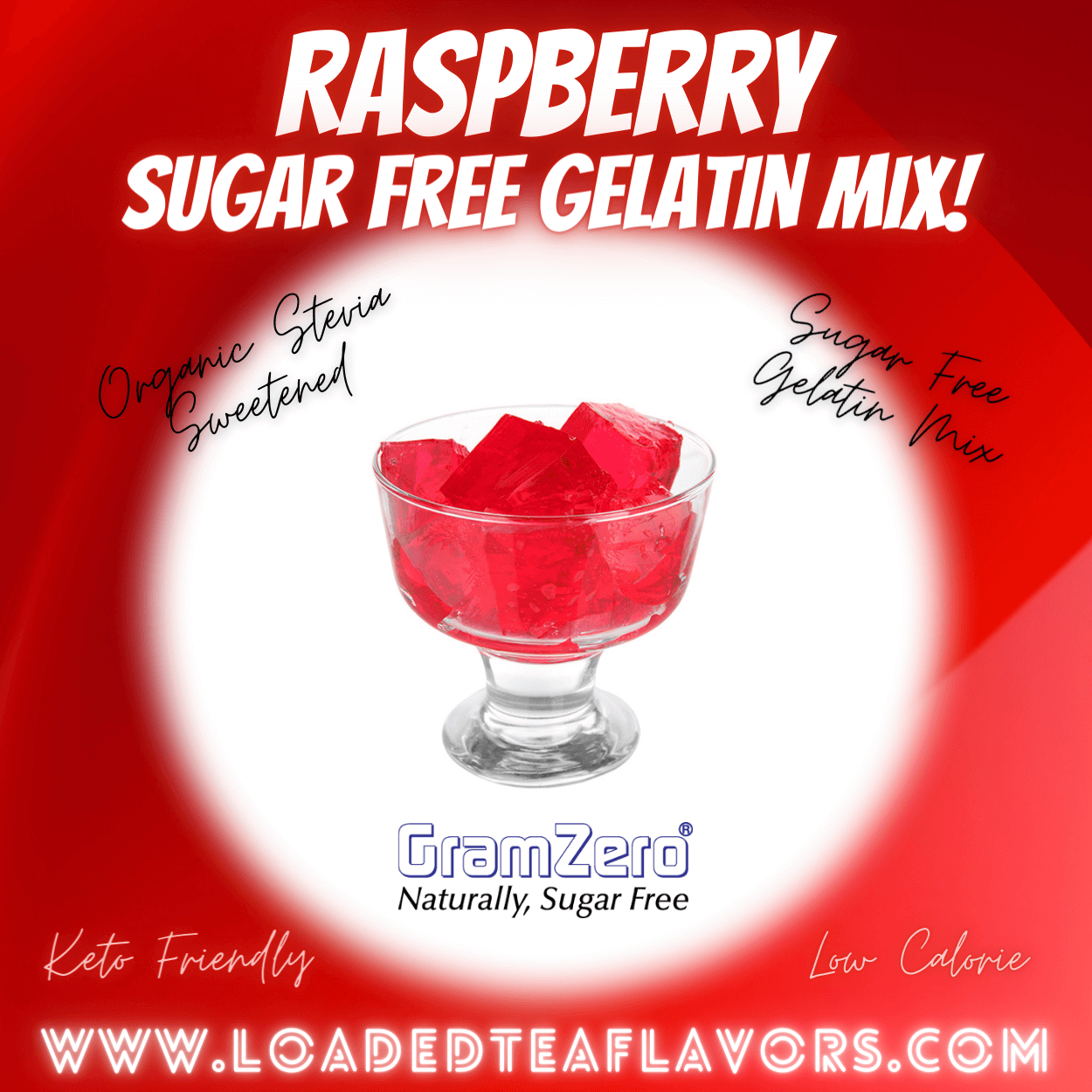 Gramzero Raspberry Sugar Free Gelatin Mix Stevia Sweetened Low Calorie Keto Friendly