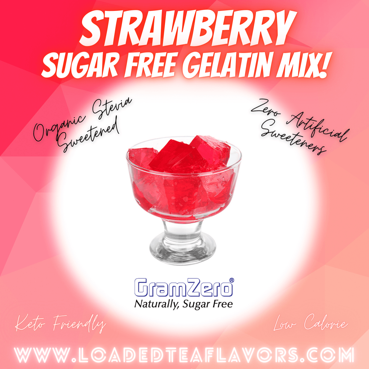 Gramzero Strawberry Sugar Free Gelatin Mix Stevia Sweetened Low Calorie Keto Friendly