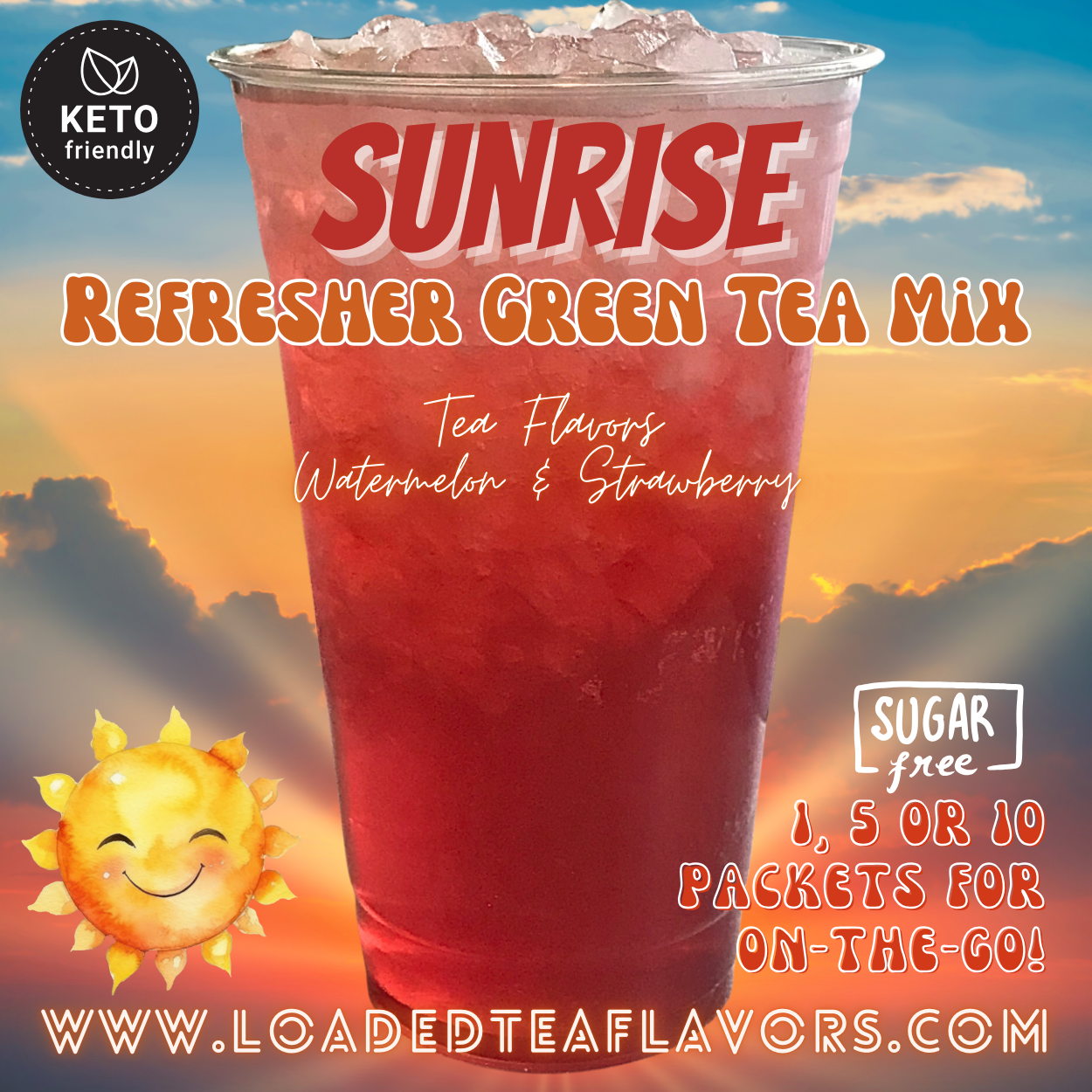 Sunrise Refresher Green Tea Keto Friendly Beverage Powder Packets Zero Carb Drink Mix 0 Calories Sugar Free